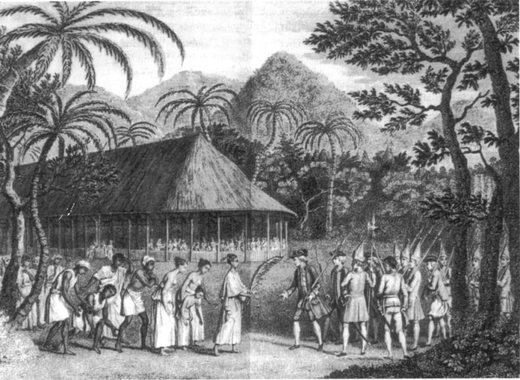 Captain Wallis meeting with Queen Oberea in Tahiti cirka 1772.